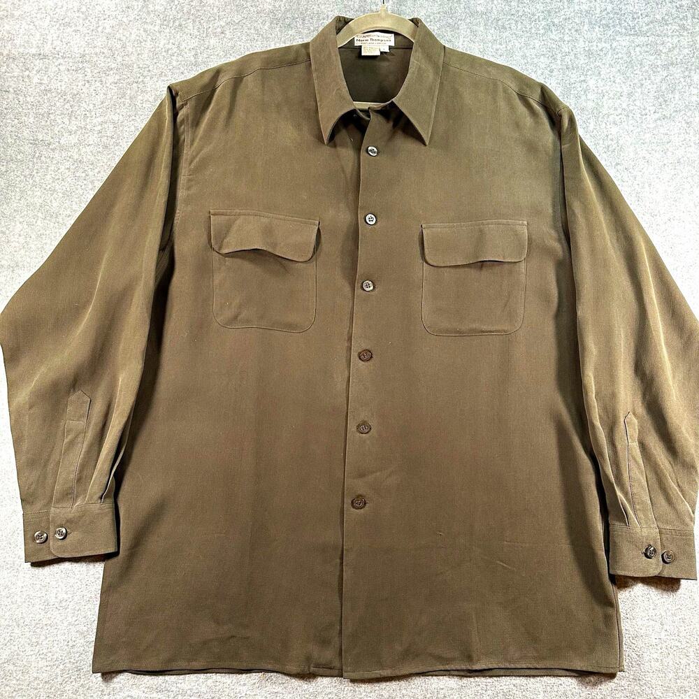 Norm Thompson Escape 100% Silk Olive Green Button-Up Shirt Men's L Pockets
